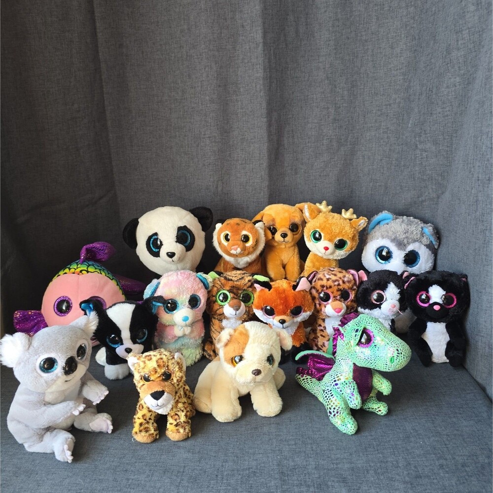 17 TY Animal Plushies With Large Bright Eyes Different Years Collection Lot